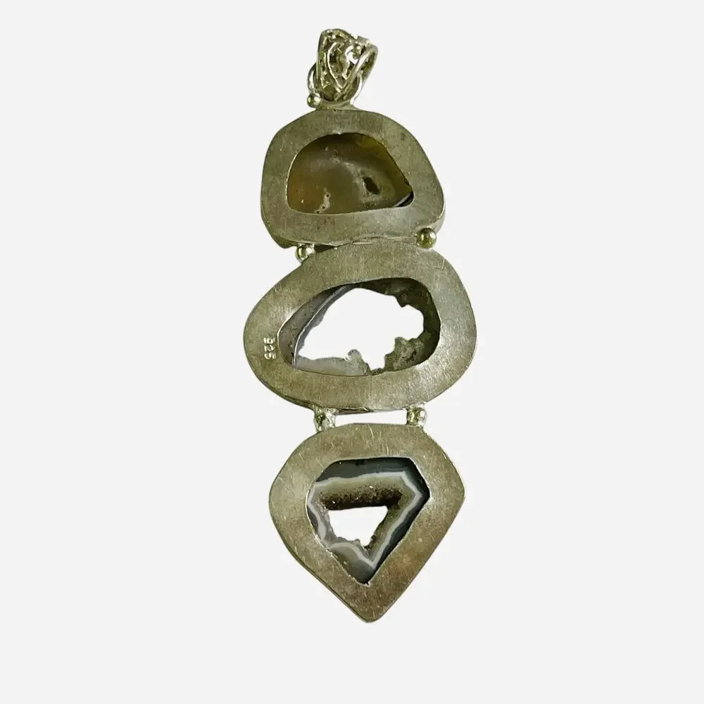 Natural Geode Agate Trio Pendant Sterling Silver 925 Earth Tone Green Gray Brown